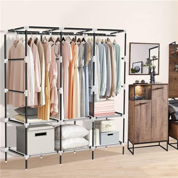 61Inch Portable Wardrobe with 3 Hanging Rods and 6 Storage Shelves, Grey - Picture 3 of 6